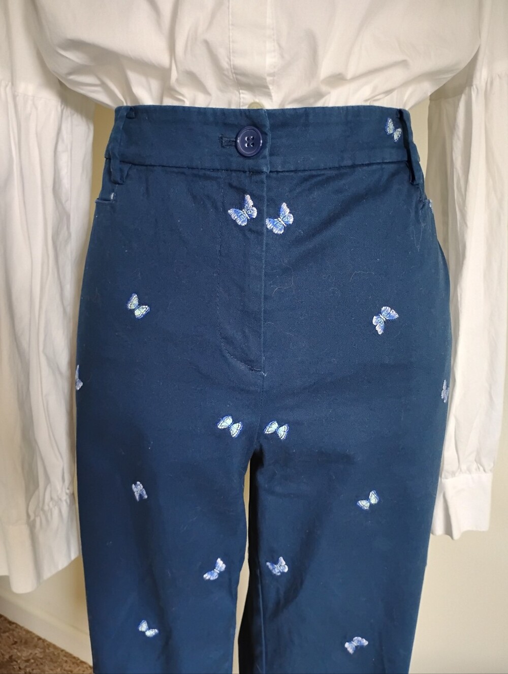 Talbots Blue Chino Pants Embroidered Butterfly Preppy Cotton Stretch Size 10